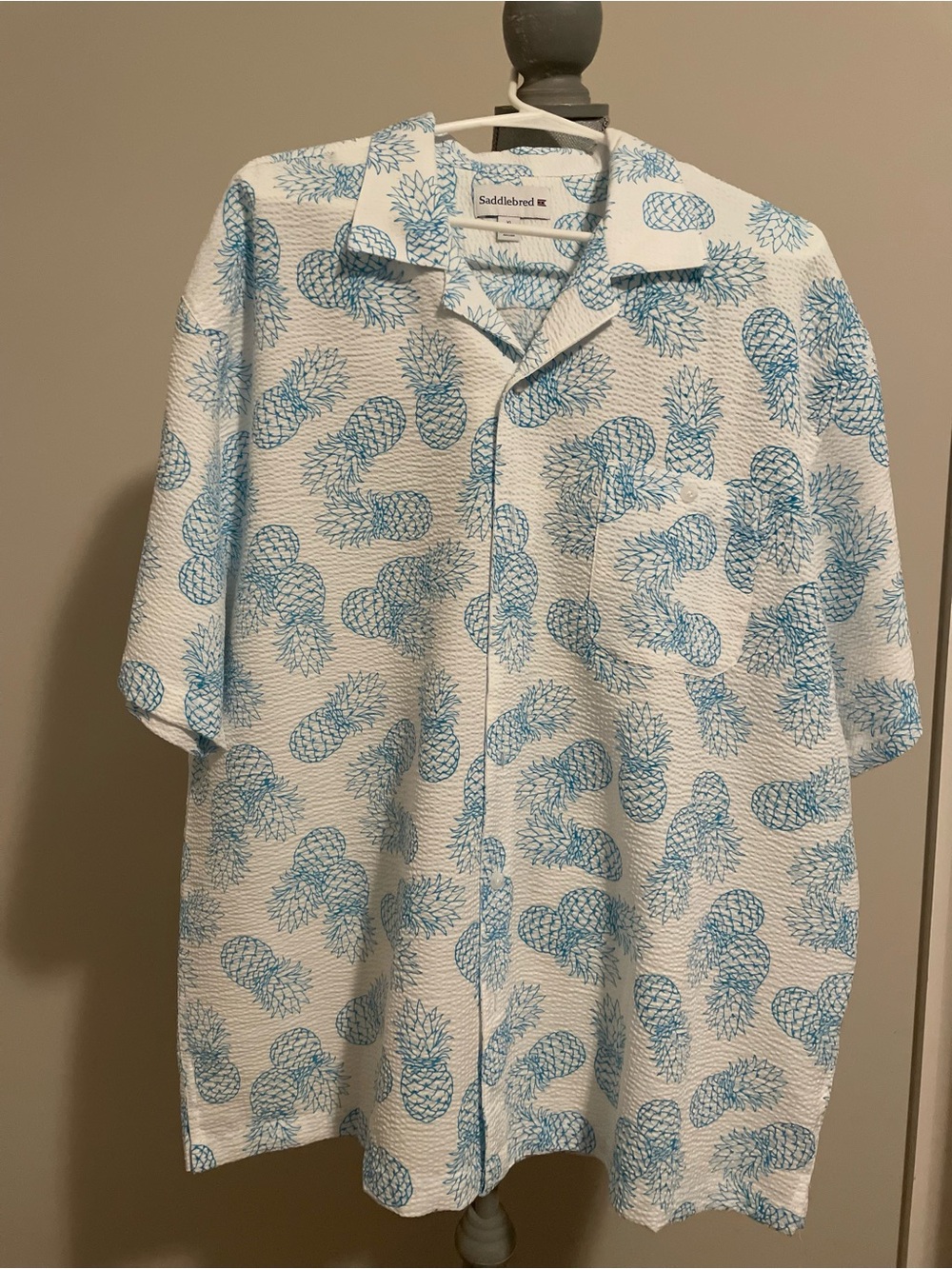 Men’s White Seersucker Shirt with Blue Pineapple Print